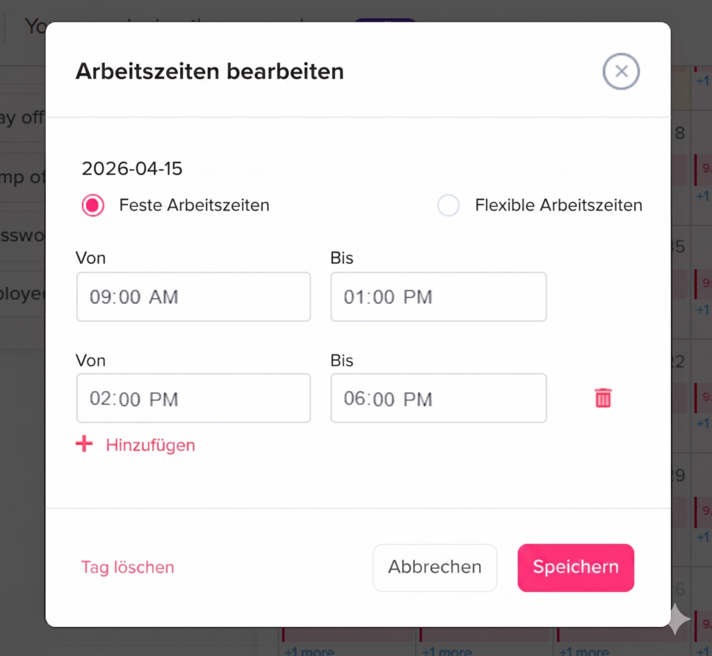Popup-Fenster zum Bearbeiten von Arbeitszeiten mit Auswahl zwischen festen und flexiblen Zeiten sowie Eingabefeldern für Start- und Endzeiten und Buttons zum Speichern oder Abbrechen.