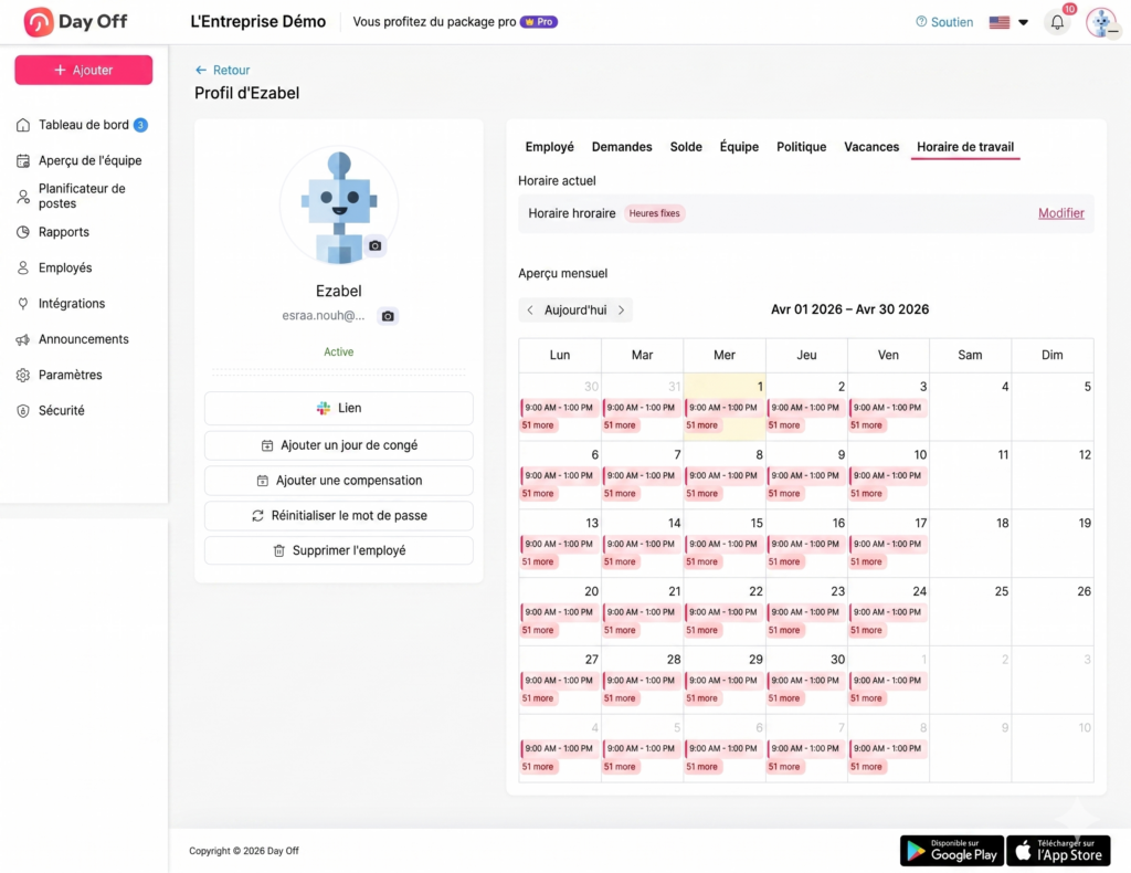Interface de gestion des ressources humaines affichant le profil d’un employé nommé Ezabel, avec un onglet actif « Horaire de travail » et un calendrier mensuel montrant les horaires quotidiens, incluant les heures de travail fixes et les créneaux planifiés pour chaque jour.