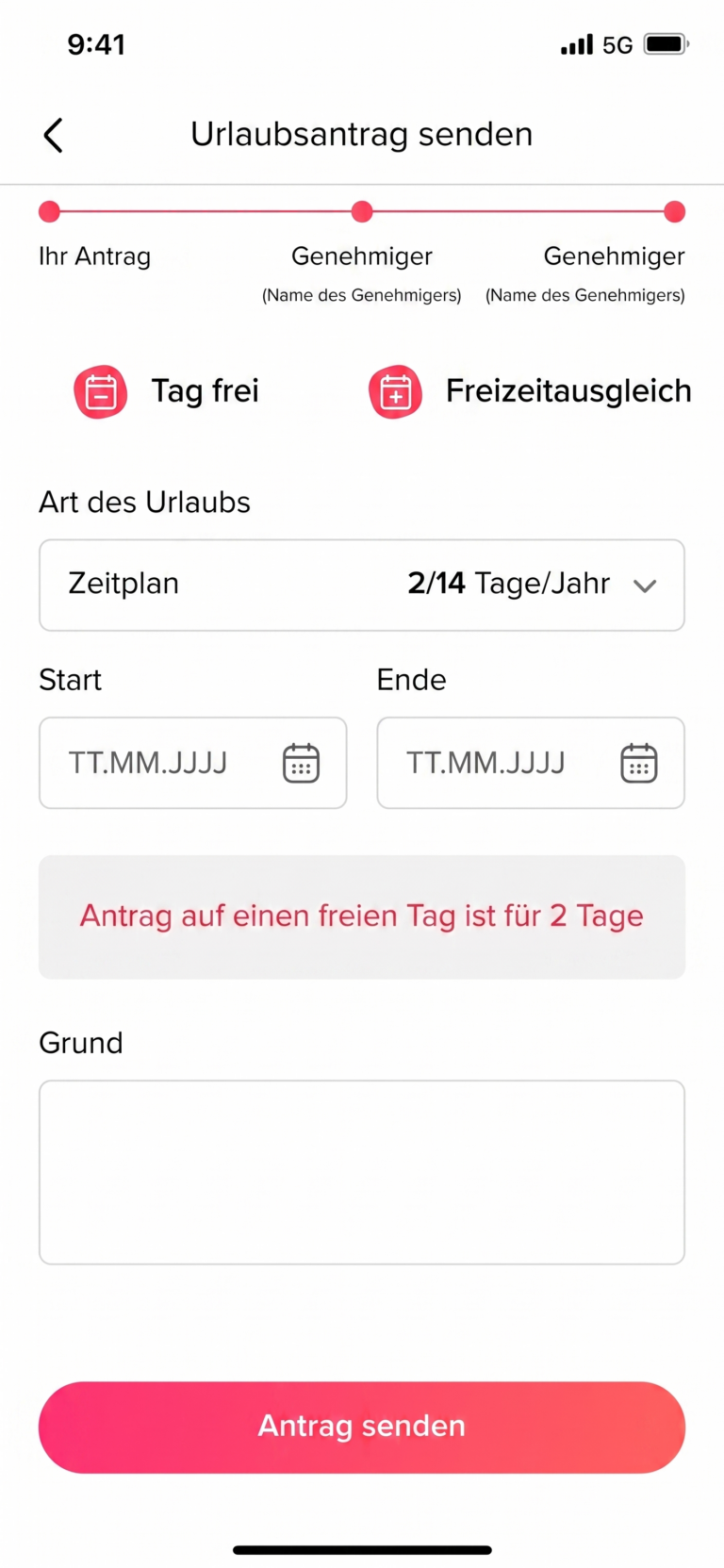 Mobile Ansicht zum Senden eines Urlaubsantrags mit Auswahl der Urlaubsart, Datumsfeldern für Start und Ende, Fehlermeldung zum Zeitraum, Eingabefeld für den Grund und Button zum Absenden.