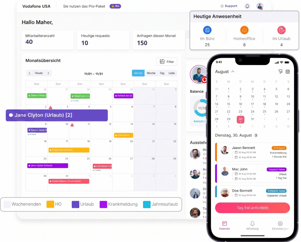 „Kalender im Day Off Urlaubsverwaltungssystem mit einer sichtbaren Urlaubsanfrage, die die Abwesenheit eines Mitarbeiters im Zeitplan darstellt.“