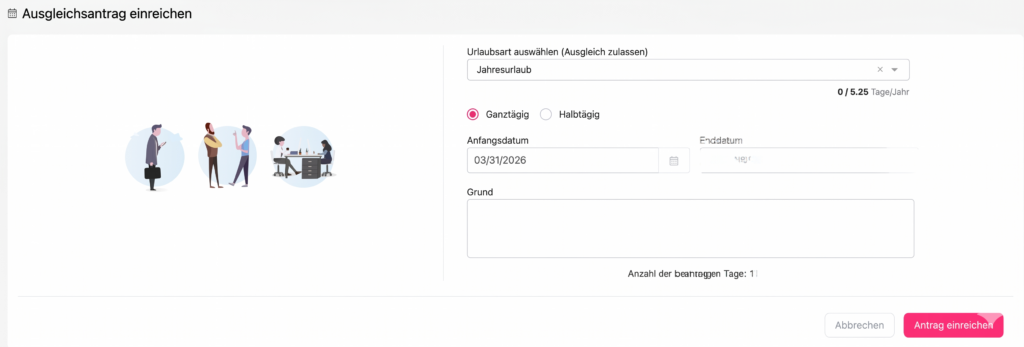 Formular zum Einreichen eines Ausgleichsantrags mit Auswahl der Urlaubsart, Datum, ganztägig oder halbtägig, Eingabefeld für den Grund und Button zum Absenden.