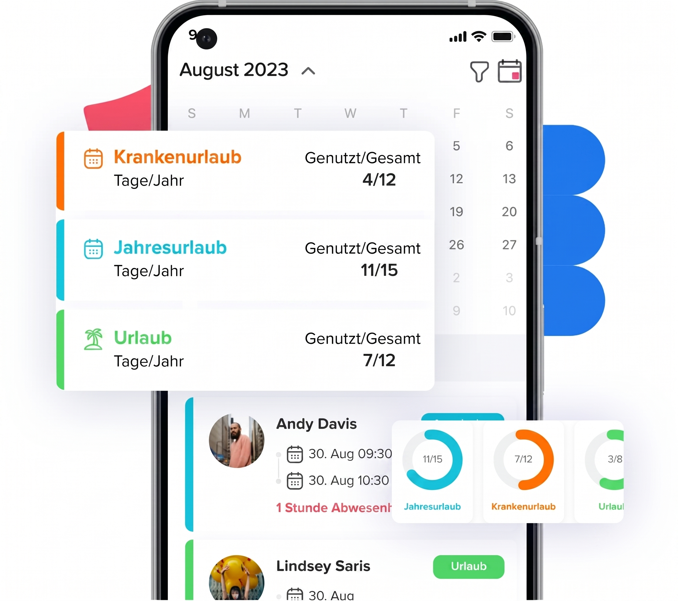 Mobile Ansicht der Day Off App mit Übersicht zu Urlaubsguthaben wie Krankenurlaub, Jahresurlaub und Urlaub, inklusive Anzeige von genutzten und verbleibenden Tagen sowie Kalenderansicht im Hintergrund.