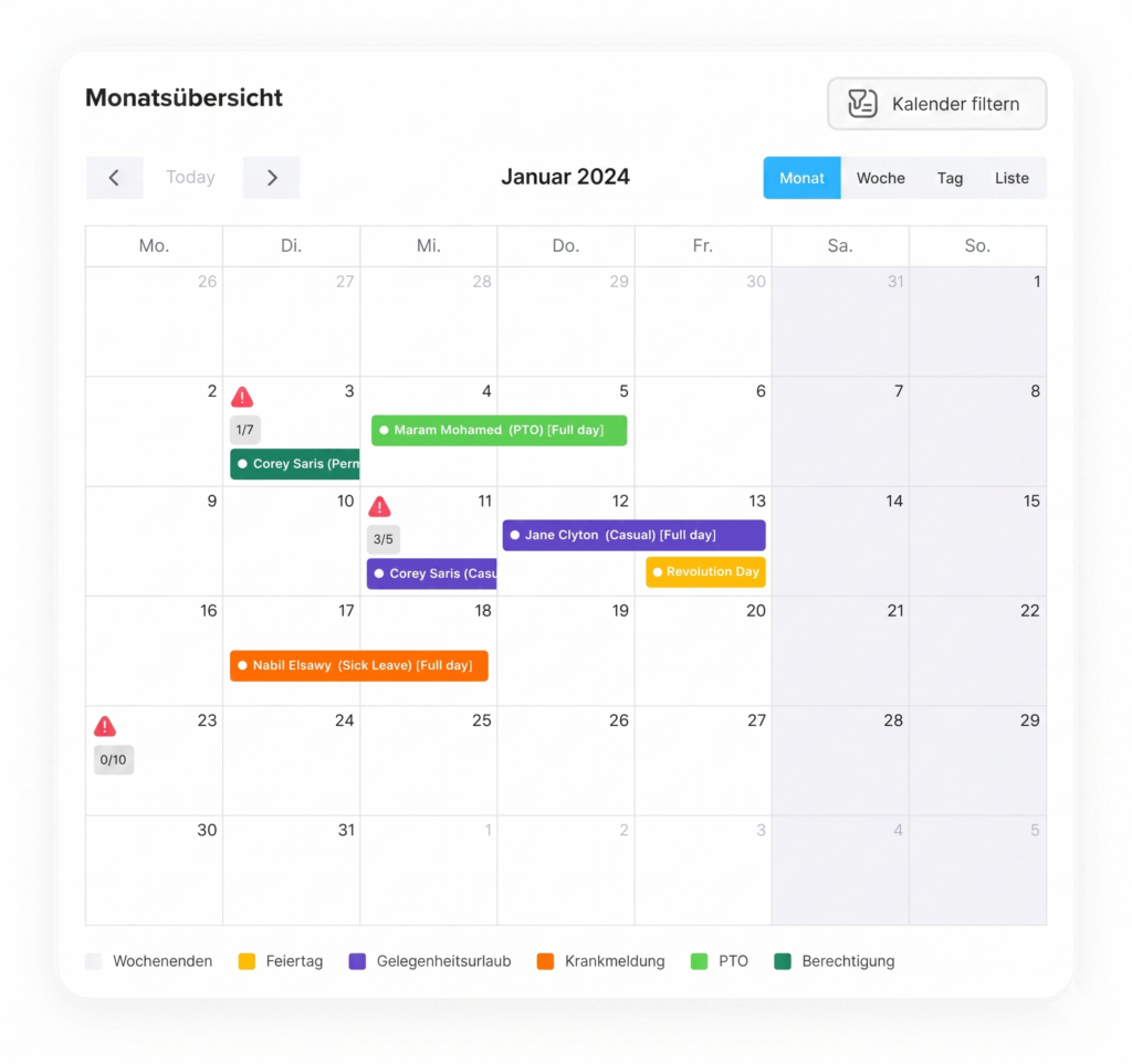 „Dashboard-Kalender in der Day Off App mit einer markierten Abwesenheitsanfrage, die im Teamkalender angezeigt wird.“