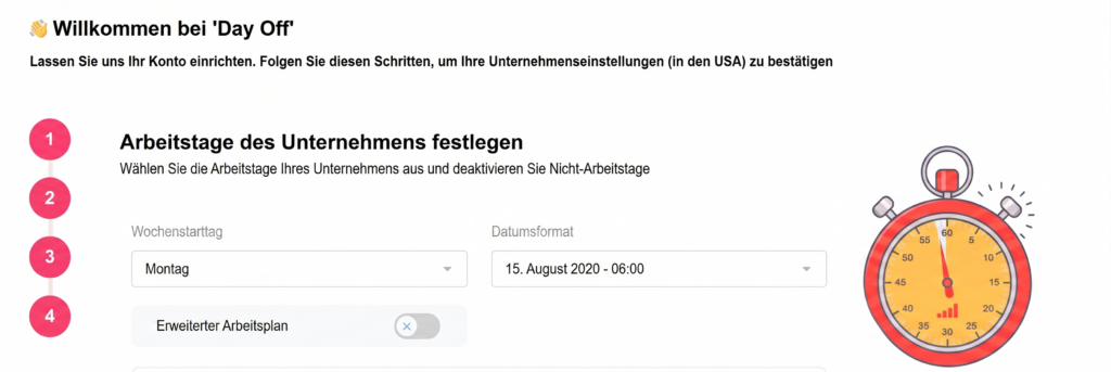 „Einstellungen der Arbeitstage in Day Off zur Festlegung der Unternehmensarbeitswoche.“