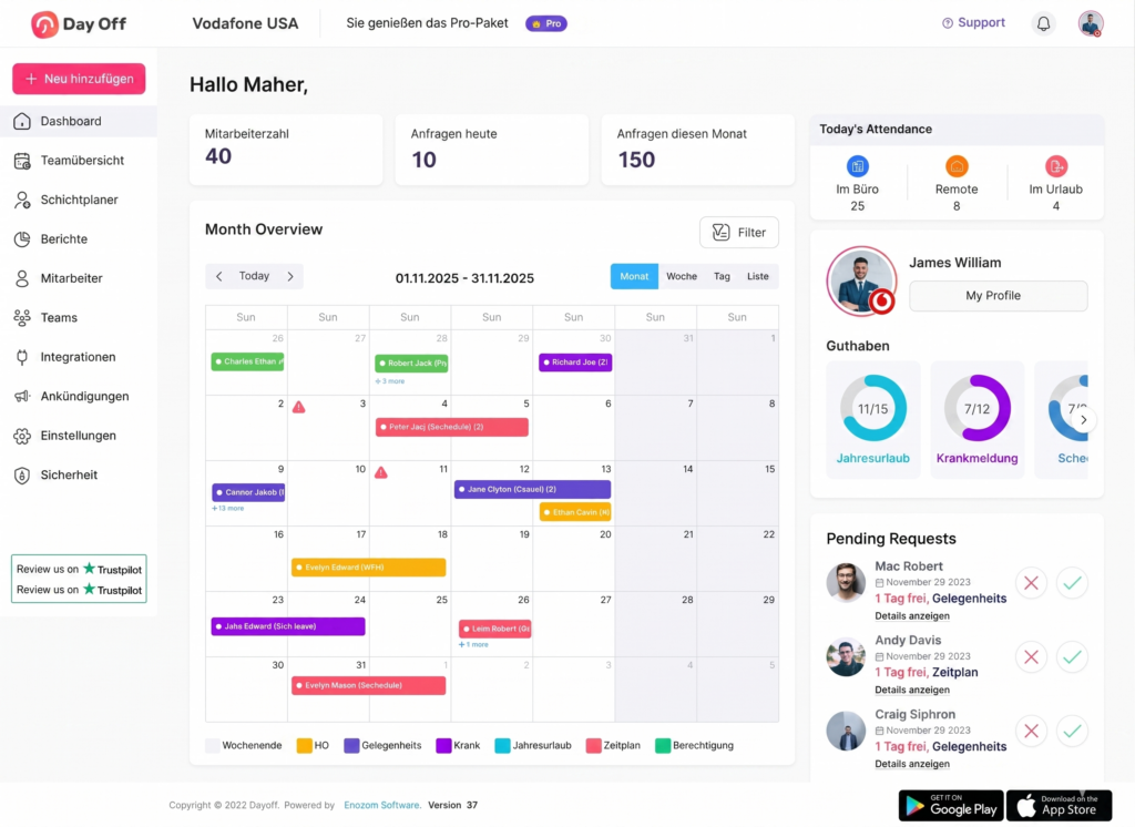 „Dashboard-Kalender in Day Off mit Übersicht über Abwesenheiten und Teamtermine.“
