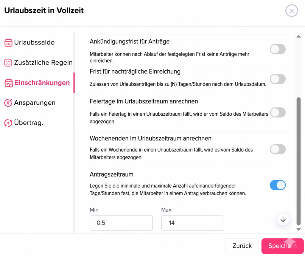 Einstellungsansicht für Urlaubsrichtlinien mit Optionen zu Ankündigungsfrist, nachträglicher Einreichung, Anrechnung von Feiertagen und Wochenenden sowie Begrenzung des Antragszeitraums.