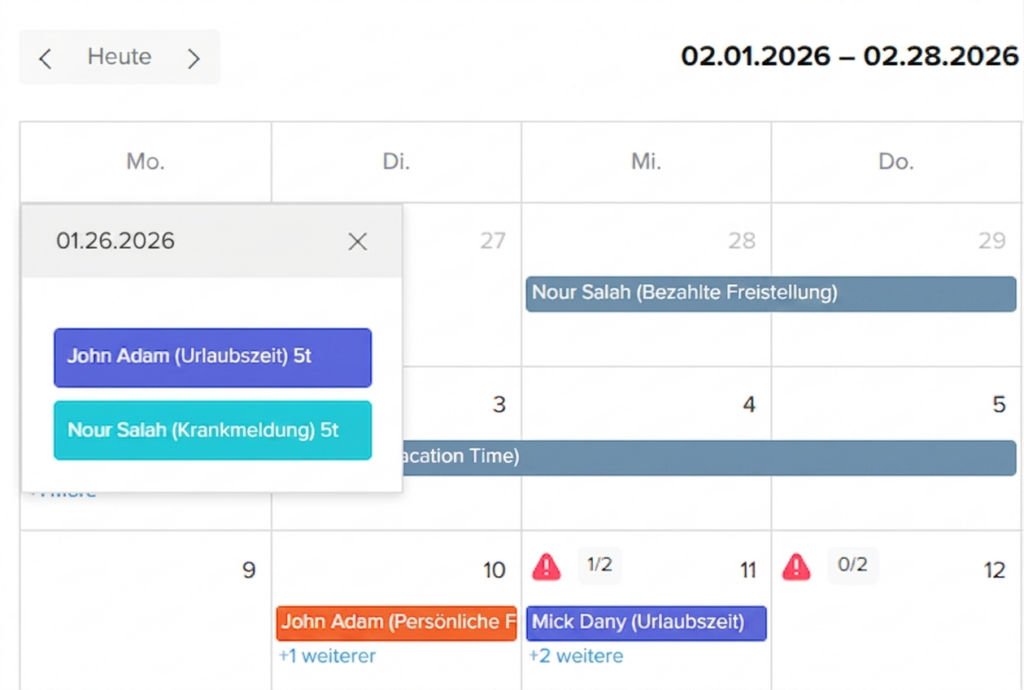 „Dashboard-Kalender in der Day Off App mit einer markierten Abwesenheitsanfrage, die im Teamkalender angezeigt wird.“