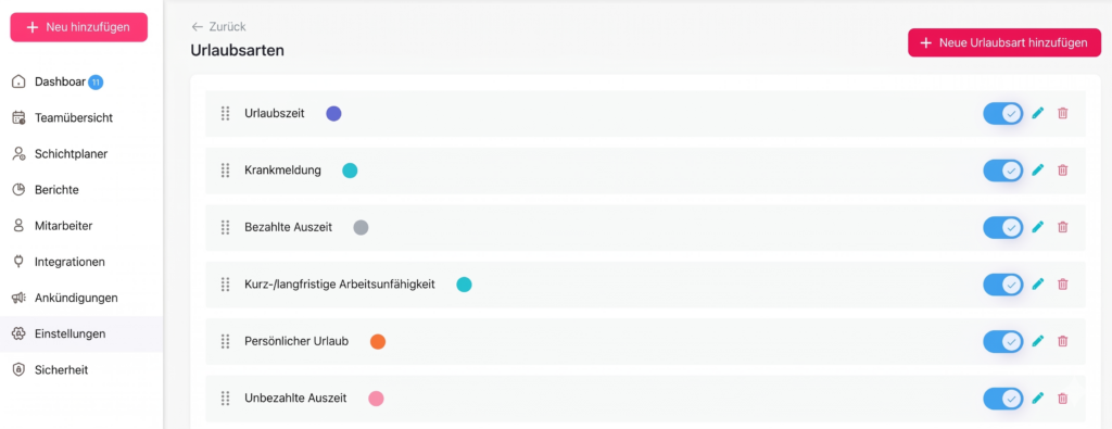„Einstellungsseite der Day Off App mit Formular zum Erstellen und Hinzufügen neuer Abwesenheitsarten.“