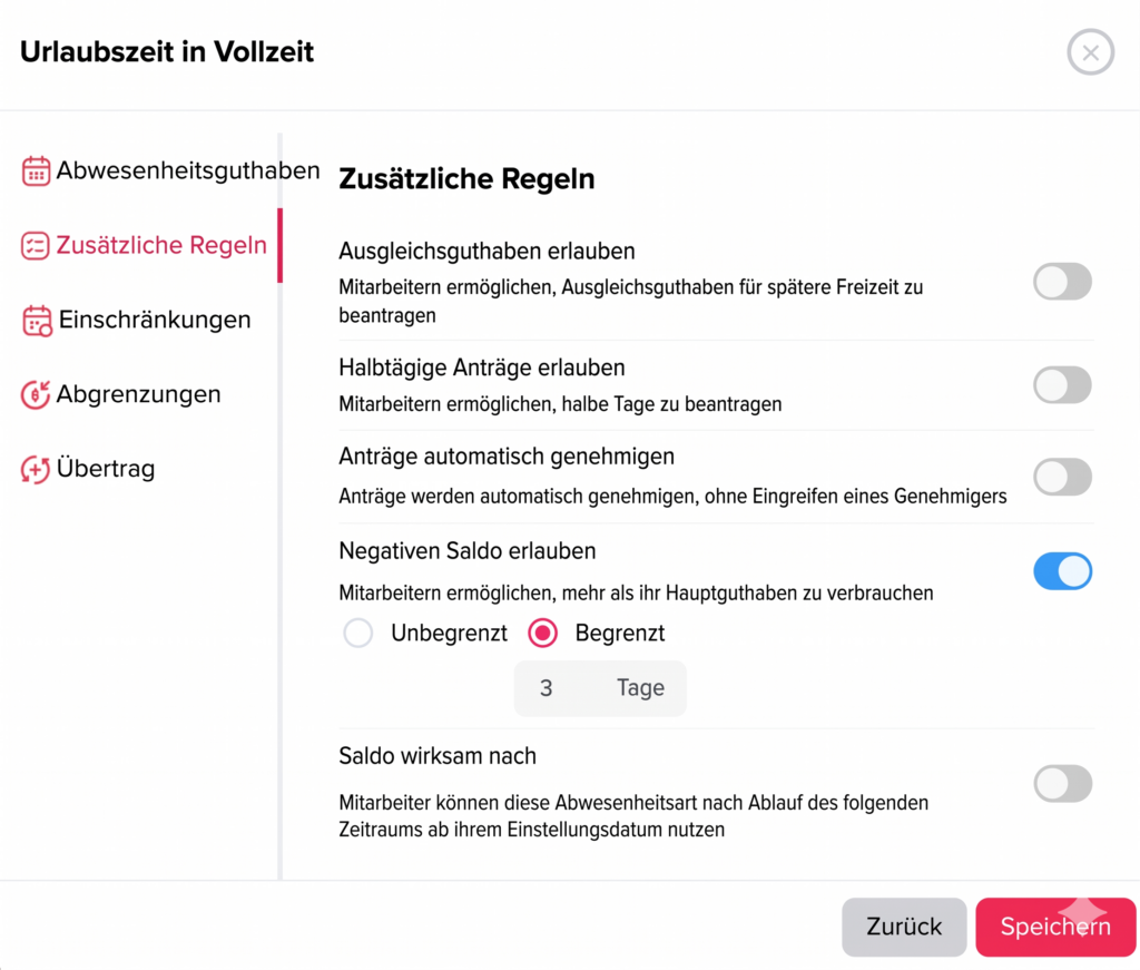 Einstellungsansicht für zusätzliche Regeln einer Urlaubsrichtlinie mit Optionen wie halbtägige Anträge, automatische Genehmigung und negativer Saldo.