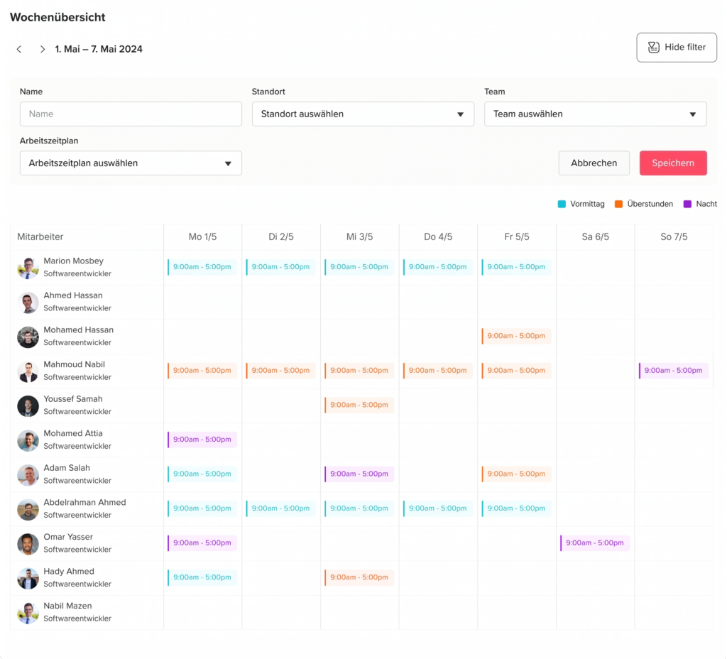 Wöchentliche Übersicht einer Arbeitszeit- und Einsatzplanung mit Mitarbeiterliste, Filtern für Standort und Team sowie farblich markierten Arbeitszeiten für jeden Wochentag.
