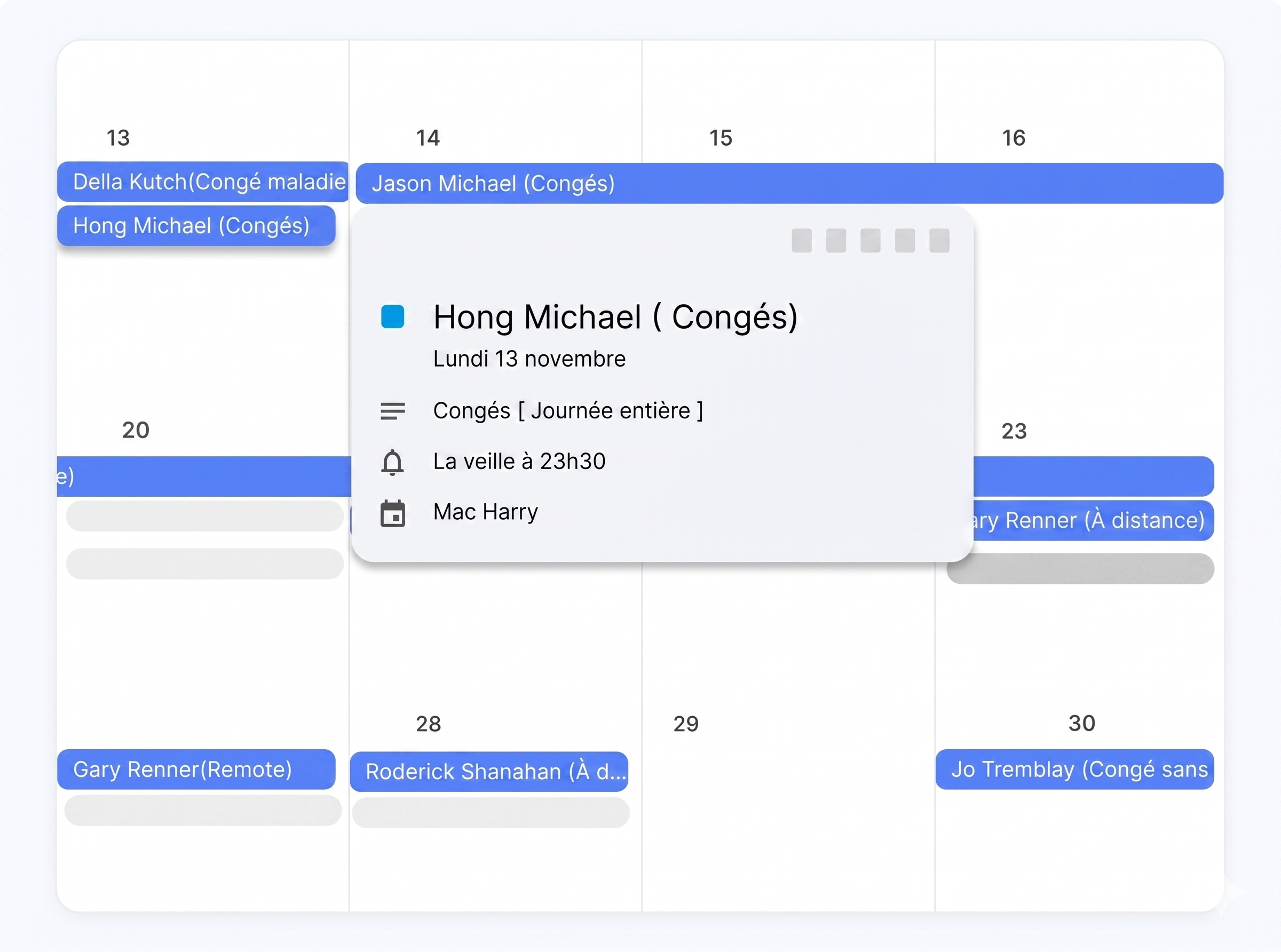Interface de calendrier mensuel affichant les congés des employés, avec une fenêtre contextuelle montrant les détails pour « Hong Michael (Congés) » le 13 novembre, incluant un congé sur toute la journée, un rappel prévu la veille à 23h30 et les informations de l’organisateur.