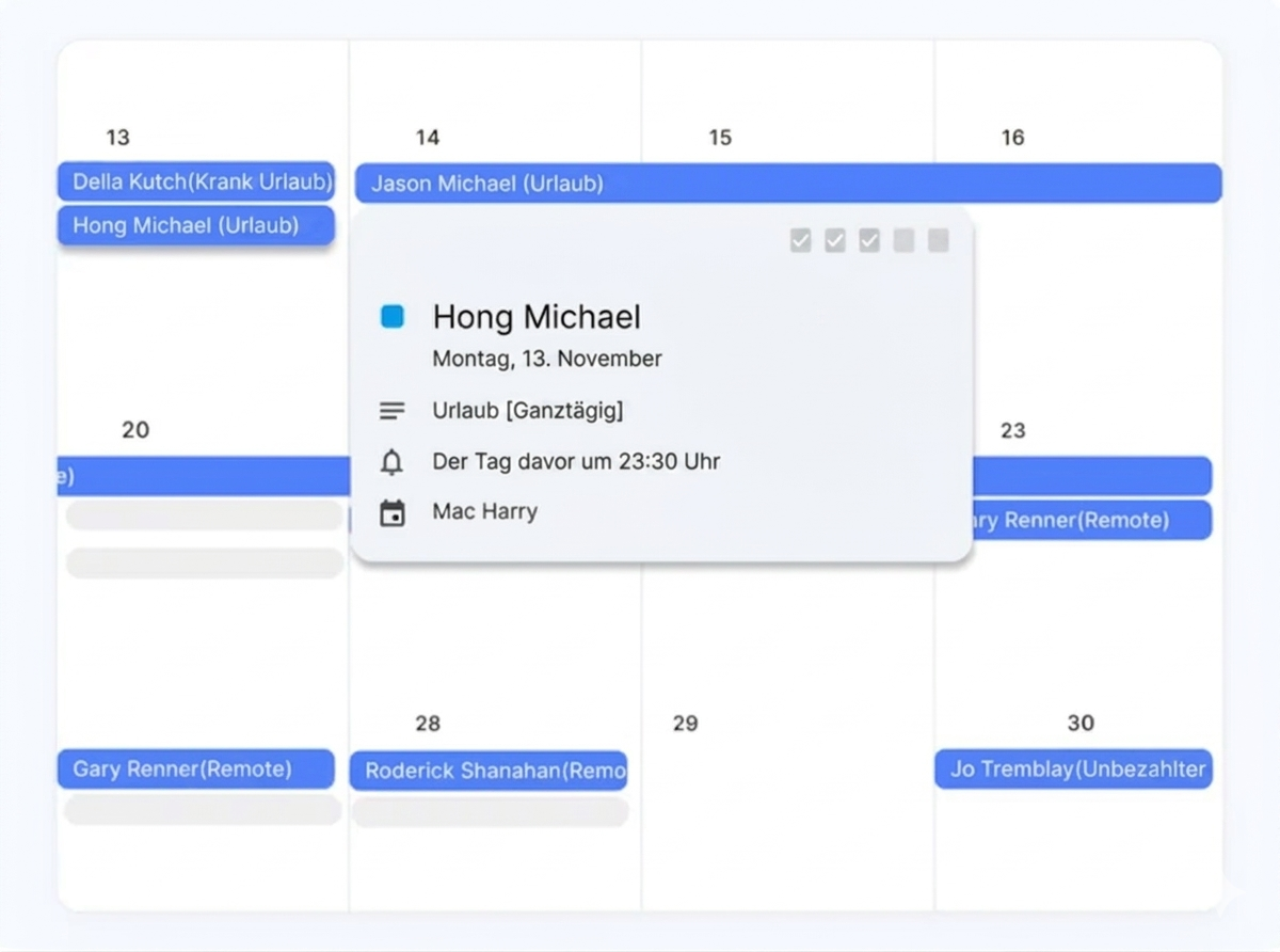 Kalenderansicht in der Day Off App mit eingetragenen Abwesenheiten, inklusive hervorgehobener Urlaubsdetails eines Mitarbeiters (Hong Michael) mit Datum, Dauer und Erinnerungsinformationen.