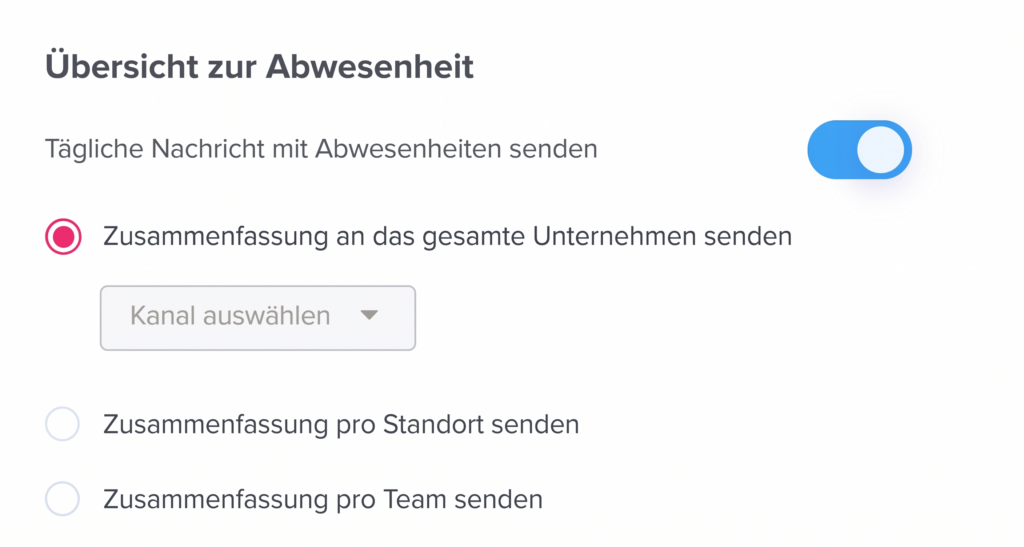 „Integrationsansicht im Day Off Urlaubsverwaltungssystem mit Optionen zur Verbindung mit Slack für Echtzeit-Benachrichtigungen zu Abwesenheiten.“