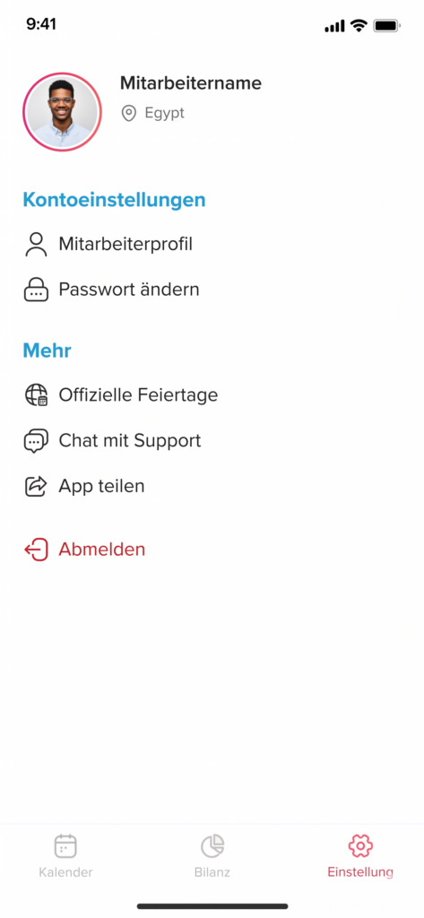 Mobile Einstellungsansicht mit Benutzerprofil sowie Optionen für Konto, Support, Feiertage und Abmelden.