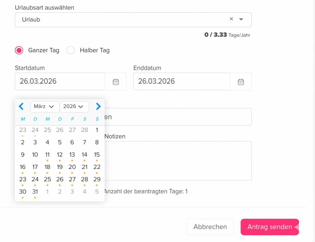 „Eingabeformular in der Day Off App zum Einreichen einer Urlaubsanfrage mit Auswahl von Zeitraum und Abwesenheitsart.“