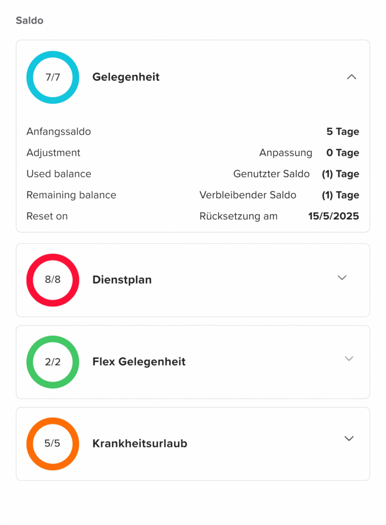 Übersicht verschiedener Abwesenheitssalden wie Gelegenheit, Dienstplan, Flex und Krankheitsurlaub mit verbleibenden Tagen und Fortschrittsanzeigen.