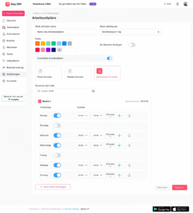 Screenshot eines Tools zur Arbeitszeitplanung mit Wochenübersicht, Schichtzeiten und Speichern-Button.