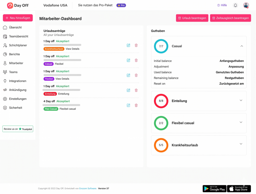 Dashboard mit Übersicht zu Urlaubsanträgen und Guthaben, einschließlich verschiedener Abwesenheitsarten und Statusanzeigen.