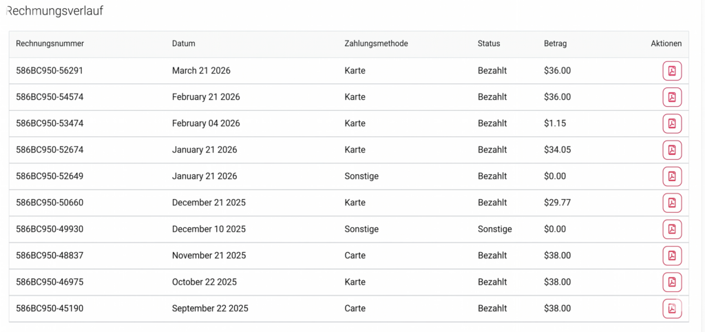 Tabelle mit Rechnungsverlauf, einschließlich Rechnungsnummer, Datum, Zahlungsmethode, Status, Betrag und Aktionen.