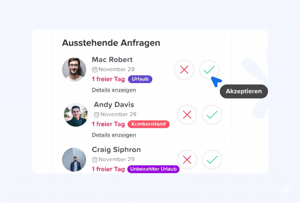 „Ansicht der Day Off App mit einer Liste von Urlaubsanfragen, einschließlich Mitarbeiter, Zeitraum und Status.“