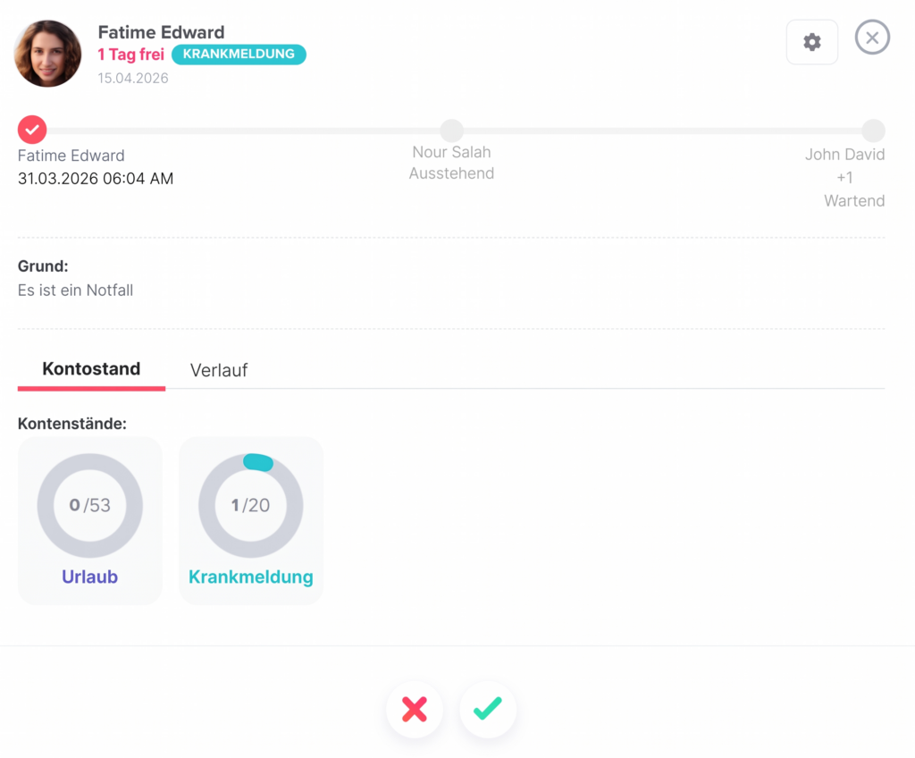 Detailansicht einer Abwesenheitsanfrage mit Mitarbeiterinformationen, Statusverlauf, Grund, Kontostand und Optionen zum Genehmigen oder Ablehnen.