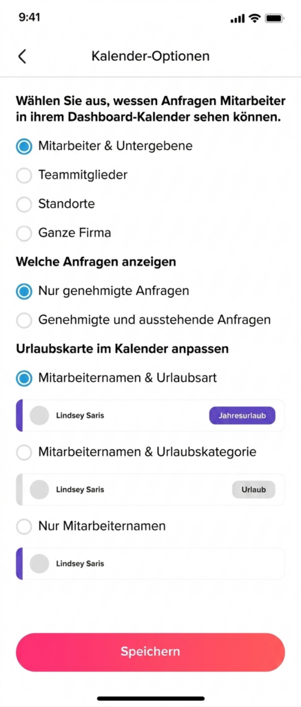 „Kalendereinstellungen in Day Off mit Optionen zur Anpassung von Anzeige, Feiertagen und Abwesenheiten.“
