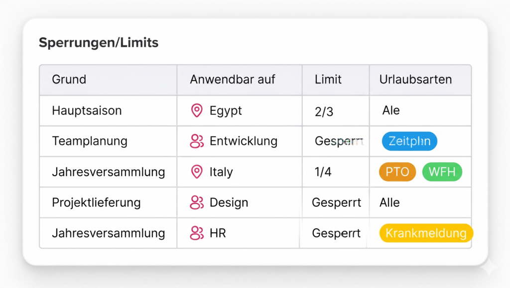 „Einstellungsseite der Day Off App mit Blackout-Regeln zur Einschränkung von Abwesenheiten je Standort.“