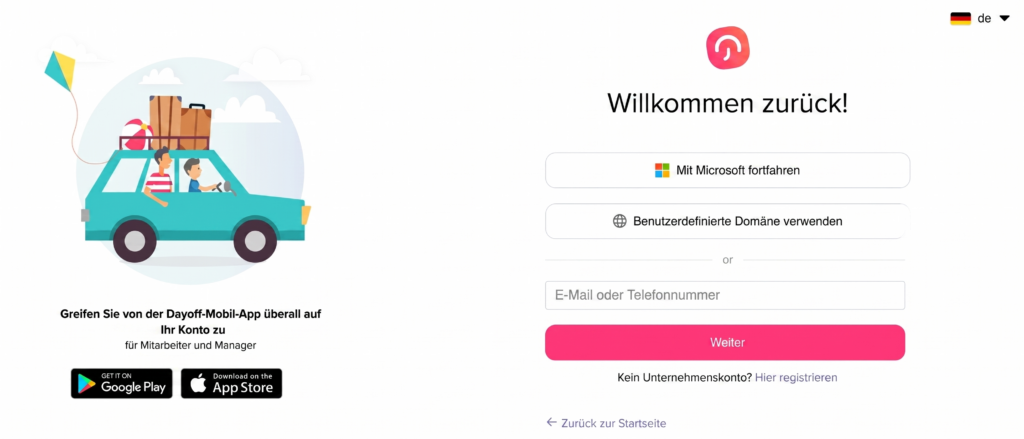 „Login-Seite von Day Off zur Anmeldung im System.“