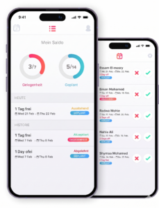 Zwei Smartphone-Bildschirme mit einer App zur Urlaubsverwaltung, die Saldo, geplante Abwesenheiten und Anfragen mit Genehmigungsoptionen zeigt.
