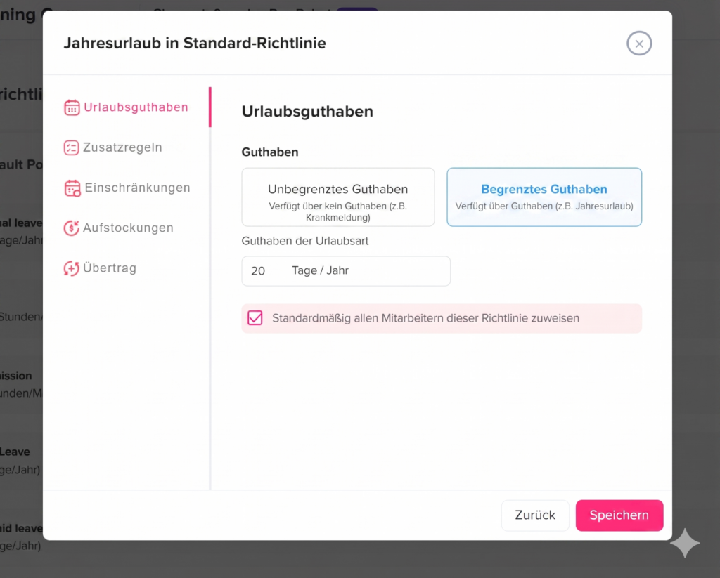 Popup zur Einstellung des Urlaubsguthabens in einer Standard-Richtlinie mit Auswahl zwischen begrenztem und unbegrenztem Guthaben, Eingabe der Tage pro Jahr und Speicheroption.