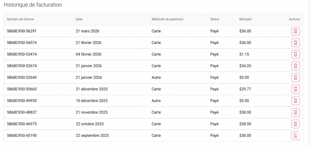 Tableau affichant l’historique de facturation avec les numéros de facture, les dates, les méthodes de paiement, les statuts payés, les montants et des actions pour télécharger ou consulter les factures.