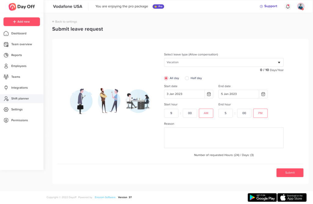 Leave request submission interface