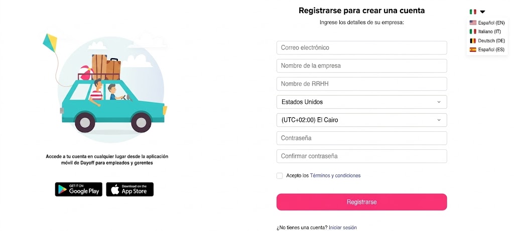 Página de registro de Day Off mostrando formulario de creación de cuenta para gestionar vacaciones y solicitudes de tiempo libre