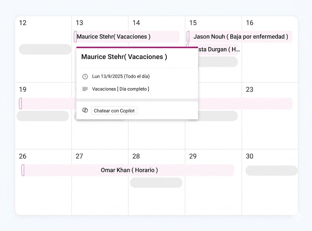 Integración de calendario con Microsoft Outlook en Day Off mostrando ausencias y solicitudes de tiempo libre sincronizadas automáticamente