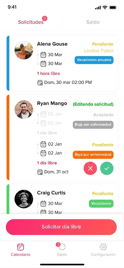 Pantallas móviles de Day Off mostrando el formulario para solicitar tiempo libre y el seguimiento de solicitudes enviadas