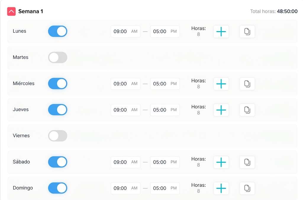 Configuración de horarios laborales fijos en Day Off mostrando la asignación de horas de trabajo para empleados y equipos