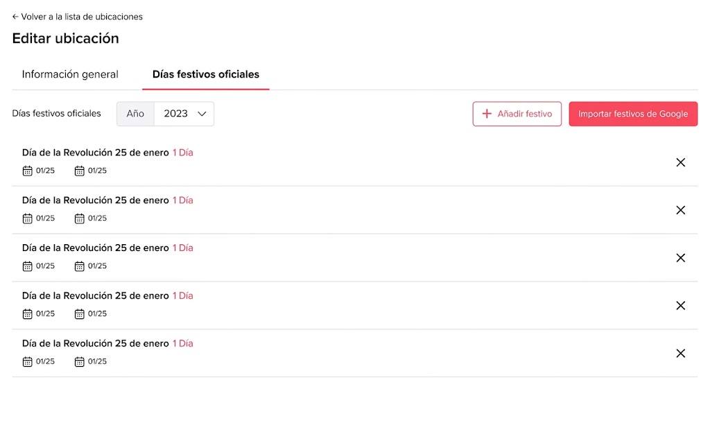 Festivos oficiales en Day Off mostrando la importación desde Google Calendar para configurar automáticamente los días no laborables de la empresa