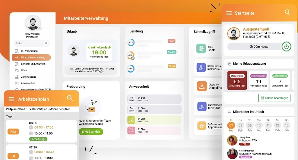 „Dashboard von OrangeHRM zur Verwaltung von Mitarbeitern und HR-Prozessen“