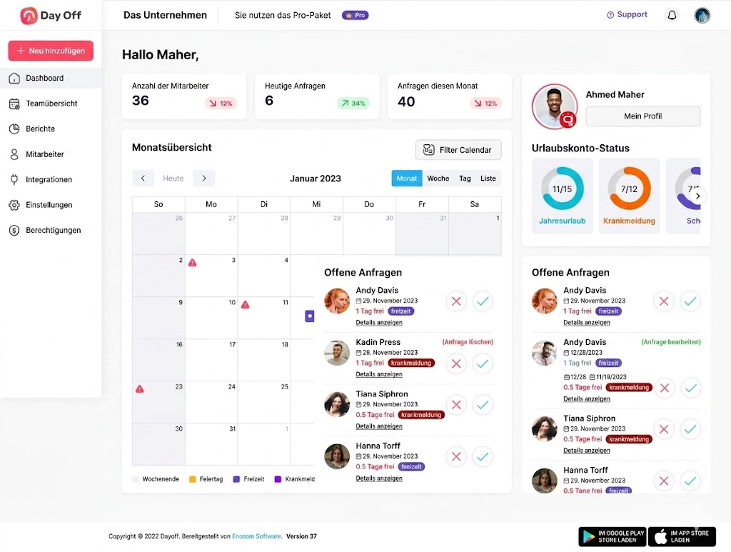 „Dashboard der Day Off App mit offenen Urlaubsanträgen und Übersicht über ausstehende Genehmigungen“