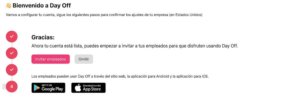 Confirmación de registro completado en Day Off mostrando mensaje de cuenta creada exitosamente y acceso al panel de control