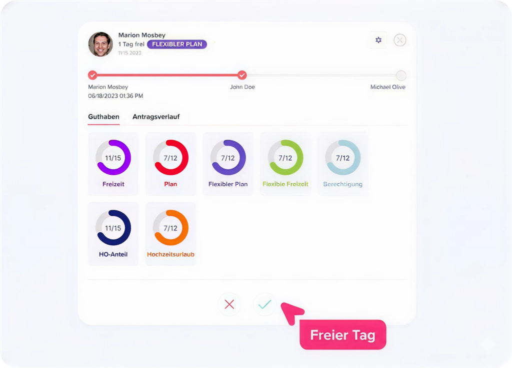 Benutzeroberfläche der Day Off App mit Übersicht eines Urlaubsantrags, Fortschrittsstatus der Genehmigung sowie verschiedenen Urlaubsguthaben wie Freizeit, flexibler Plan und Hochzeitsurlaub in farbigen Diagrammen.