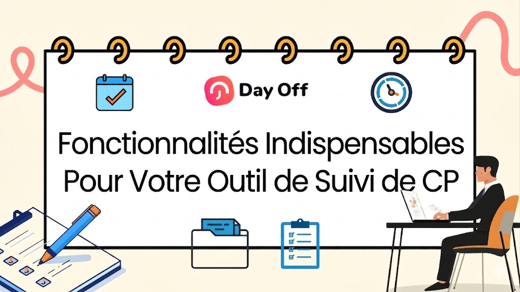 Illustration promotionnelle de Day Off présentant les fonctionnalités essentielles d’un outil de suivi des congés payés. L’image montre un grand carnet avec des icônes de calendrier, dossier et checklist, ainsi qu’une personne travaillant sur un ordinateur portable à droite.