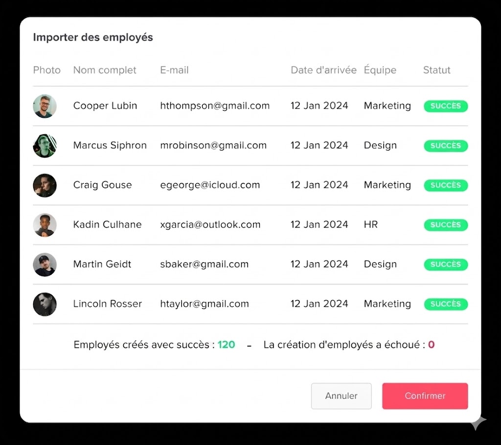 Capture d’écran de l’interface Day Off montrant une fonctionnalité d’importation des employés. Le tableau affiche les noms, e-mails, équipes, dates d’arrivée et statuts de création des employés, avec plusieurs importations marquées comme réussies.