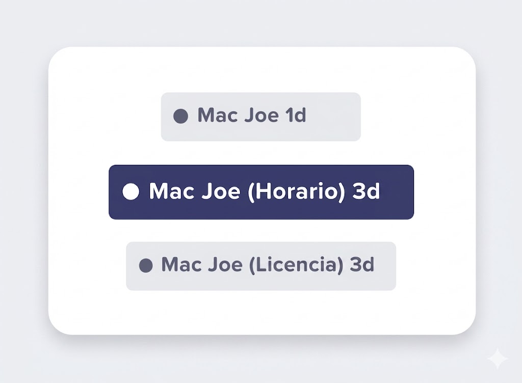 Una captura de pantalla que muestra tres etiquetas de eventos de calendario para "Mac Joe", indicando un día de trabajo normal, tres días de horario y tres días de licencia.