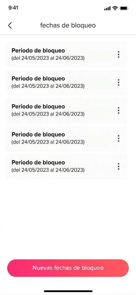 Una captura de pantalla de la aplicación que muestra una lista de períodos de bloqueo de fechas.