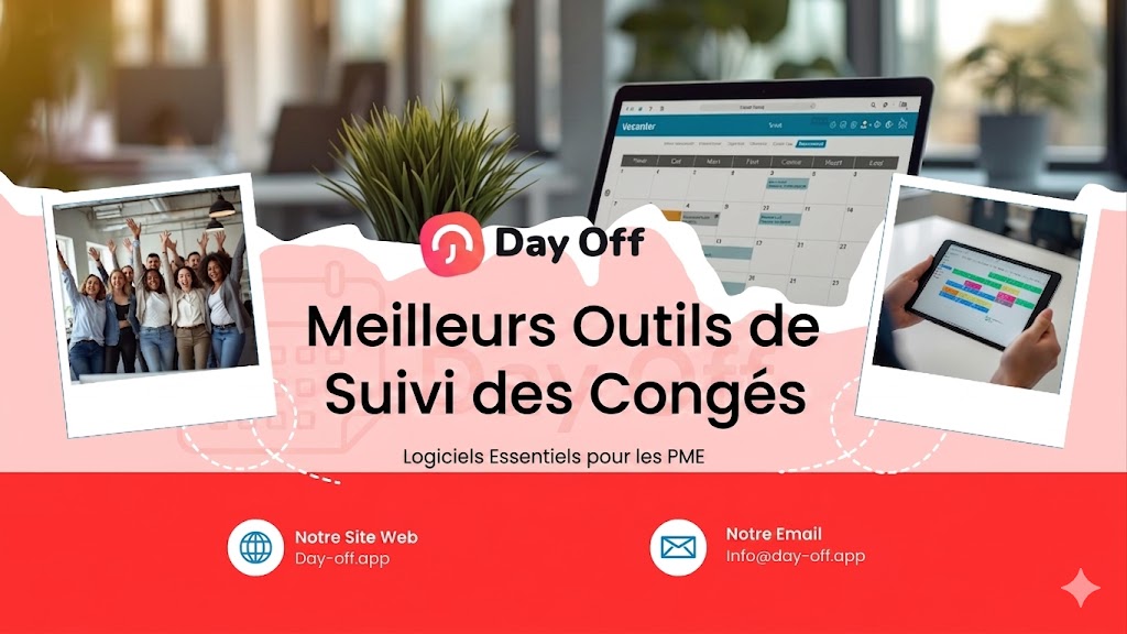 Bannière promotionnelle de Day Off mettant en avant des logiciels de suivi des congés pour les PME. L’image montre des employés souriants, un écran d’ordinateur affichant un calendrier de planification et une tablette avec un planning coloré, sur un fond de bureau moderne.