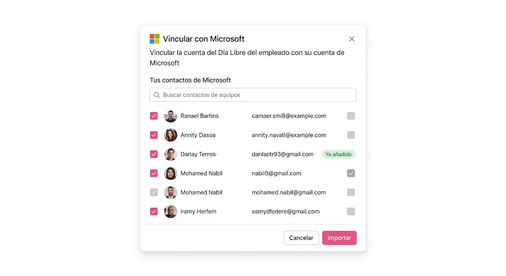 Una ventana modal en español que permite seleccionar e importar contactos de Microsoft a una aplicación web.