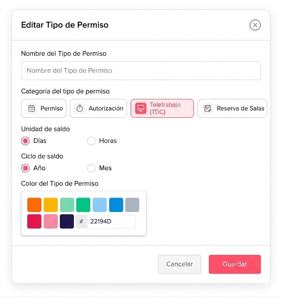 Una captura de pantalla de un formulario digital en español para configurar un tipo de permiso, con campos para el nombre, categoría, unidad de saldo, ciclo y selección de color, y botones de cancelar y guardar.