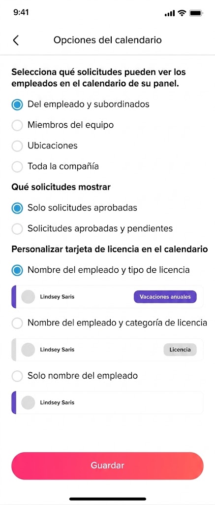 Un menú de opciones de configuración en español para un calendario de aplicaciones móviles, que incluye configuraciones para ver solicitudes, mostrar tipos y personalizar tarjetas de licencia.