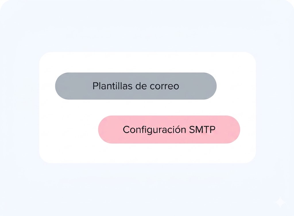 Una captura de pantalla de un panel de control con un recuadro blanco que contiene un botón gris redondeado que dice "Plantillas de correo" y un botón rosa redondeado debajo que dice "Configuración SMTP".